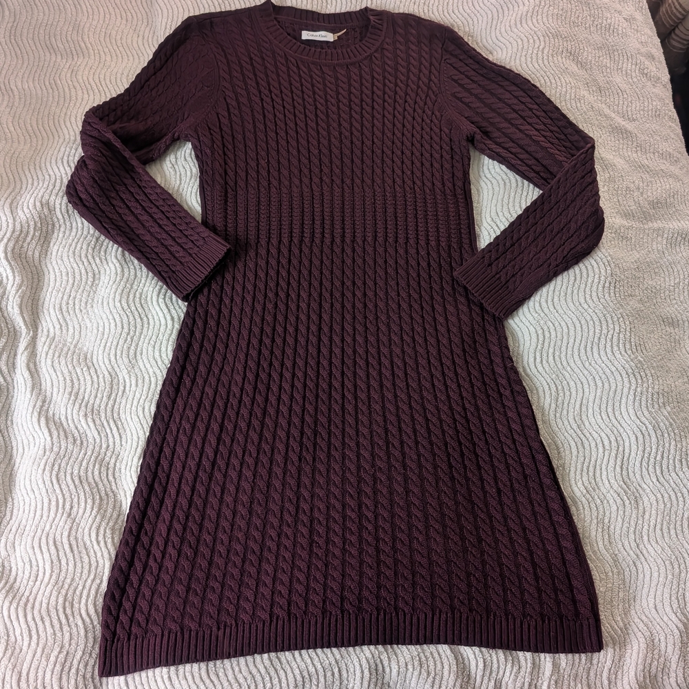 Calvin Klein Long Sleeve Cable Knit Dress in Rich Purple Vine Red Maroon